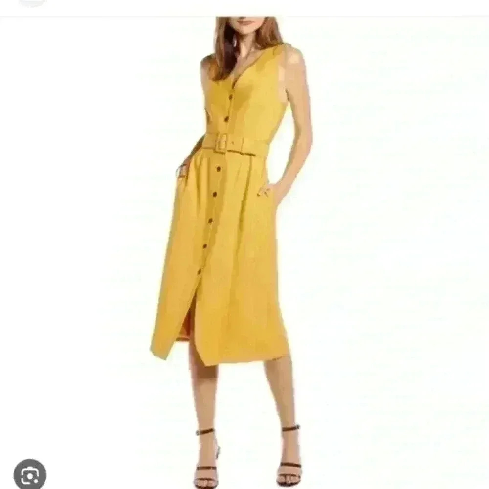 Something Navy mustard button up midi belted dress size M